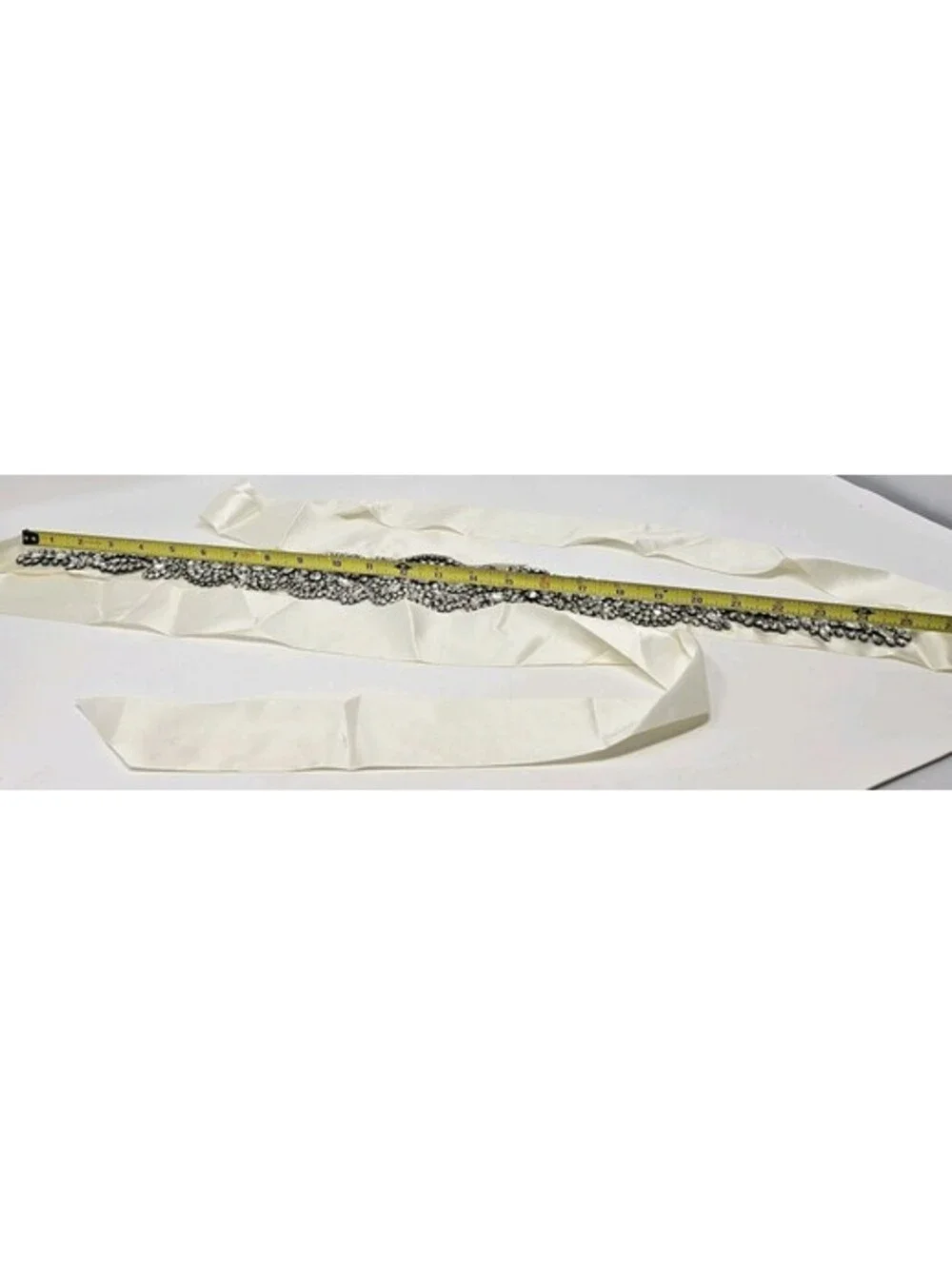 Woman’s Bridal Belt Silver Rhinestones Cream Satin Ribbon 102” L Vintage Wedding